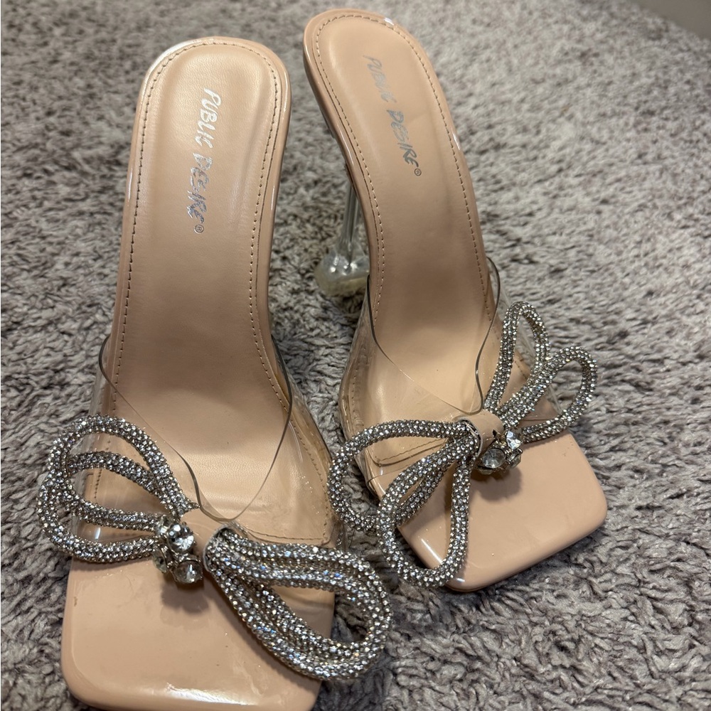 Public Desire Nude Heeled Mules with Crystal Bow Trim